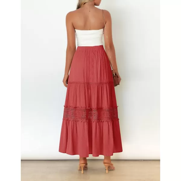 imageZESICA Womens 2023 Summer Bohemian Solid Color Lace Trim Flowy A Line Beach Long Maxi Skirt with PocketsWatermelon