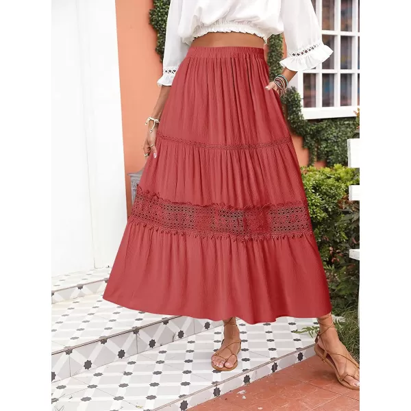 imageZESICA Womens 2023 Summer Bohemian Solid Color Lace Trim Flowy A Line Beach Long Maxi Skirt with PocketsWatermelon