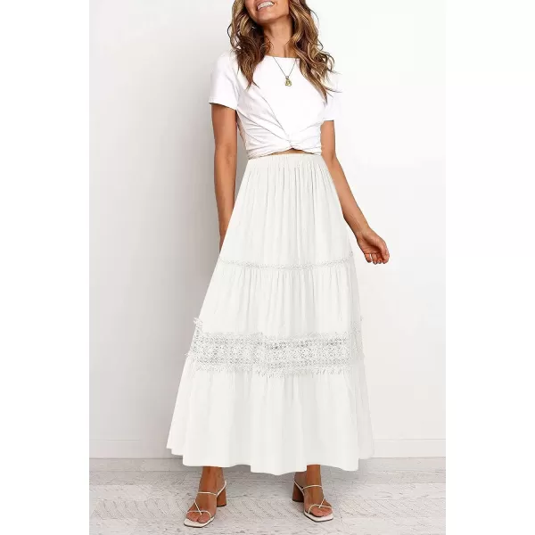 imageZESICA Womens 2023 Summer Bohemian Solid Color Lace Trim Flowy A Line Beach Long Maxi Skirt with PocketsWhite