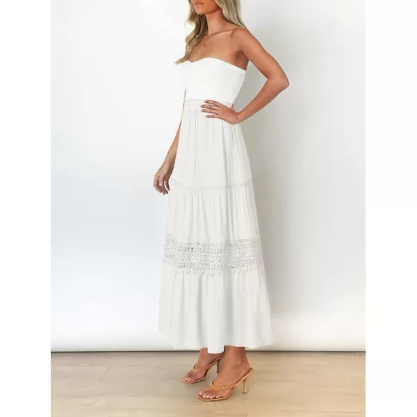 imageZESICA Womens 2023 Summer Bohemian Solid Color Lace Trim Flowy A Line Beach Long Maxi Skirt with PocketsWhite
