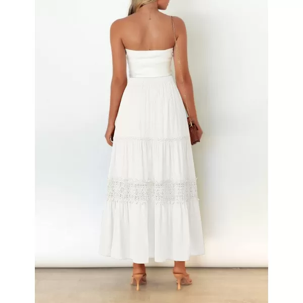 imageZESICA Womens 2023 Summer Bohemian Solid Color Lace Trim Flowy A Line Beach Long Maxi Skirt with PocketsWhite