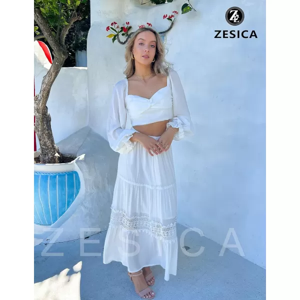 imageZESICA Womens 2023 Summer Bohemian Solid Color Lace Trim Flowy A Line Beach Long Maxi Skirt with PocketsWhite
