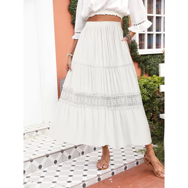 imageZESICA Womens 2023 Summer Bohemian Solid Color Lace Trim Flowy A Line Beach Long Maxi Skirt with PocketsWhite