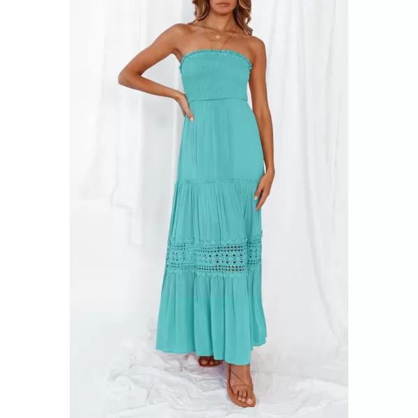 imageZESICA Womens 2023 Summer Bohemian Strapless Off Shoulder Lace Trim Backless Flowy A Line Beach Long Maxi DressAqua