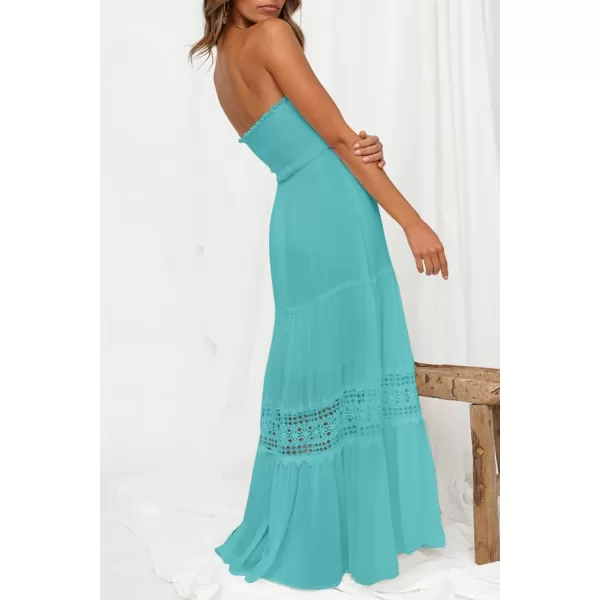 imageZESICA Womens 2023 Summer Bohemian Strapless Off Shoulder Lace Trim Backless Flowy A Line Beach Long Maxi DressAqua