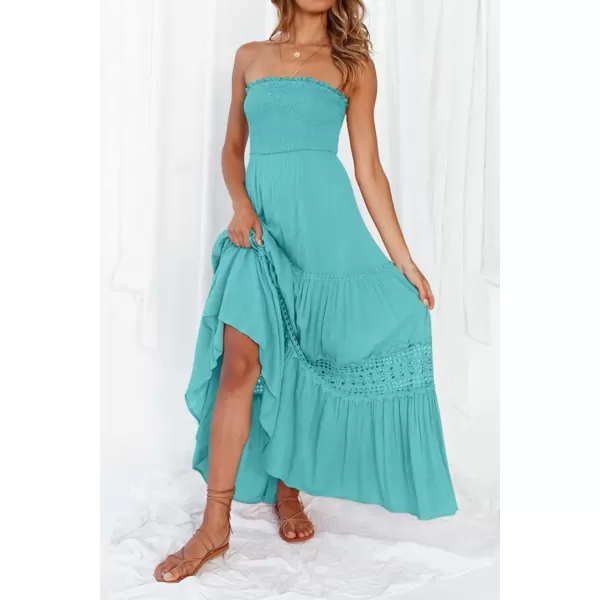 imageZESICA Womens 2023 Summer Bohemian Strapless Off Shoulder Lace Trim Backless Flowy A Line Beach Long Maxi DressAqua