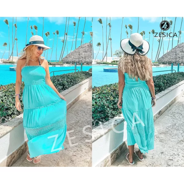 imageZESICA Womens 2023 Summer Bohemian Strapless Off Shoulder Lace Trim Backless Flowy A Line Beach Long Maxi DressAqua