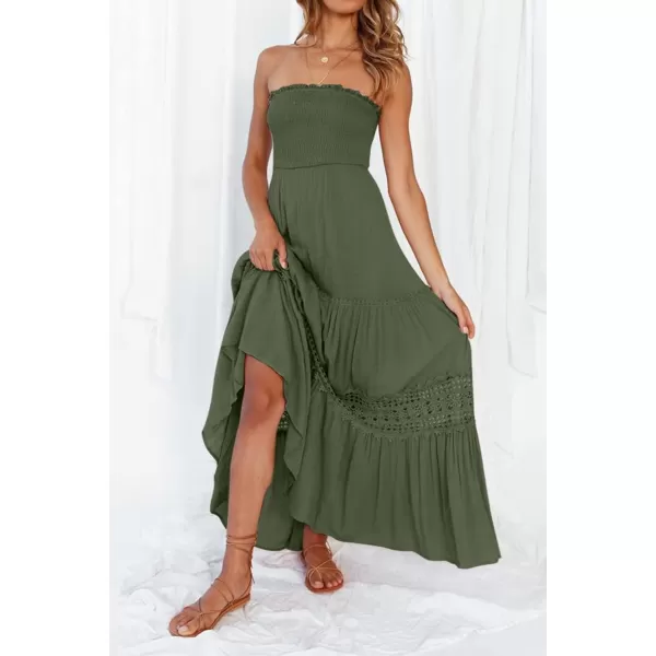 imageZESICA Womens 2023 Summer Bohemian Strapless Off Shoulder Lace Trim Backless Flowy A Line Beach Long Maxi DressArmygreen