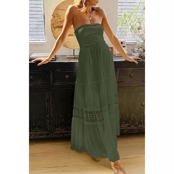 imageZESICA Womens 2023 Summer Bohemian Strapless Off Shoulder Lace Trim Backless Flowy A Line Beach Long Maxi DressArmygreen