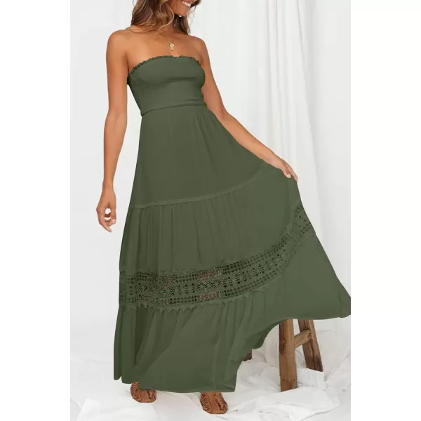 imageZESICA Womens 2023 Summer Bohemian Strapless Off Shoulder Lace Trim Backless Flowy A Line Beach Long Maxi DressArmygreen