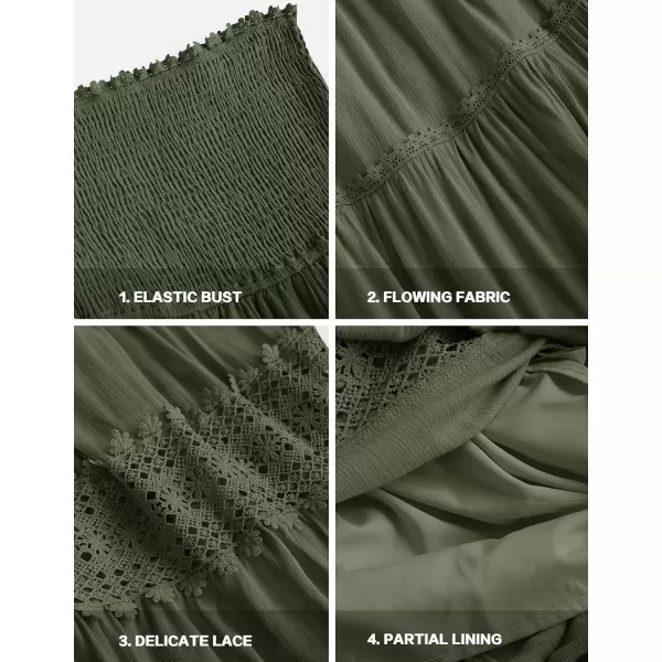imageZESICA Womens 2023 Summer Bohemian Strapless Off Shoulder Lace Trim Backless Flowy A Line Beach Long Maxi DressArmygreen