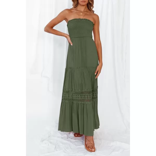 imageZESICA Womens 2023 Summer Bohemian Strapless Off Shoulder Lace Trim Backless Flowy A Line Beach Long Maxi DressArmygreen