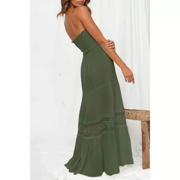 imageZESICA Womens 2023 Summer Bohemian Strapless Off Shoulder Lace Trim Backless Flowy A Line Beach Long Maxi DressArmygreen