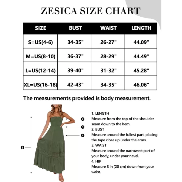 imageZESICA Womens 2023 Summer Bohemian Strapless Off Shoulder Lace Trim Backless Flowy A Line Beach Long Maxi DressArmygreen