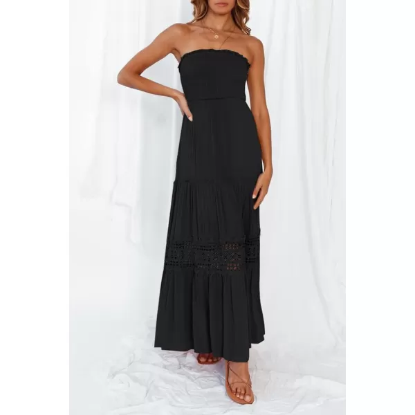 imageZESICA Womens 2023 Summer Bohemian Strapless Off Shoulder Lace Trim Backless Flowy A Line Beach Long Maxi DressBlack