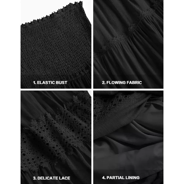 imageZESICA Womens 2023 Summer Bohemian Strapless Off Shoulder Lace Trim Backless Flowy A Line Beach Long Maxi DressBlack
