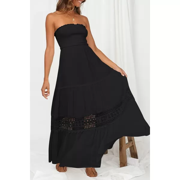 imageZESICA Womens 2023 Summer Bohemian Strapless Off Shoulder Lace Trim Backless Flowy A Line Beach Long Maxi DressBlack