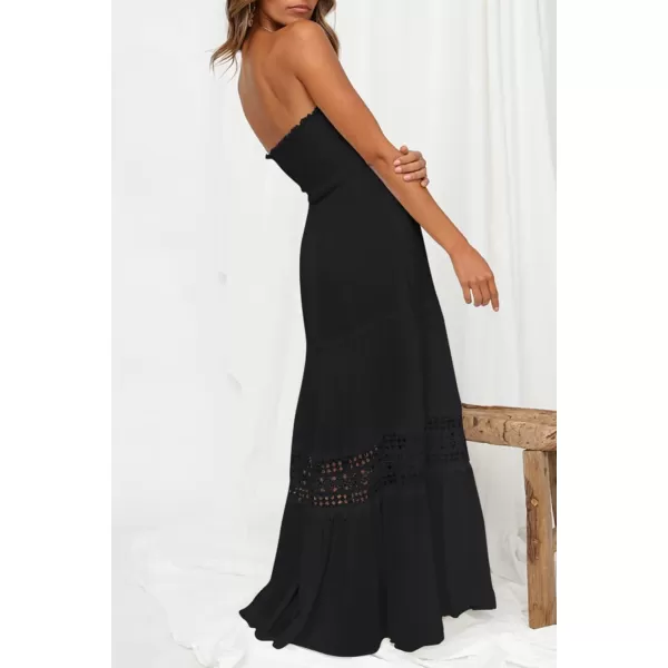 imageZESICA Womens 2023 Summer Bohemian Strapless Off Shoulder Lace Trim Backless Flowy A Line Beach Long Maxi DressBlack