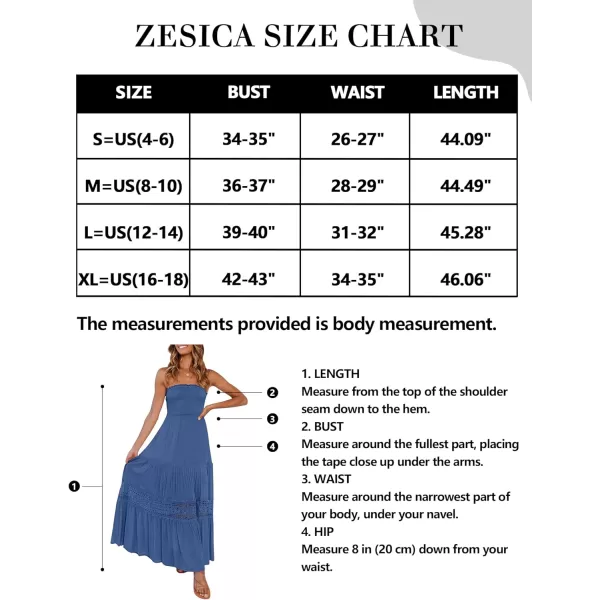 imageZESICA Womens 2023 Summer Bohemian Strapless Off Shoulder Lace Trim Backless Flowy A Line Beach Long Maxi DressBlue