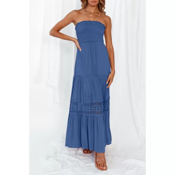 imageZESICA Womens 2023 Summer Bohemian Strapless Off Shoulder Lace Trim Backless Flowy A Line Beach Long Maxi DressBlue
