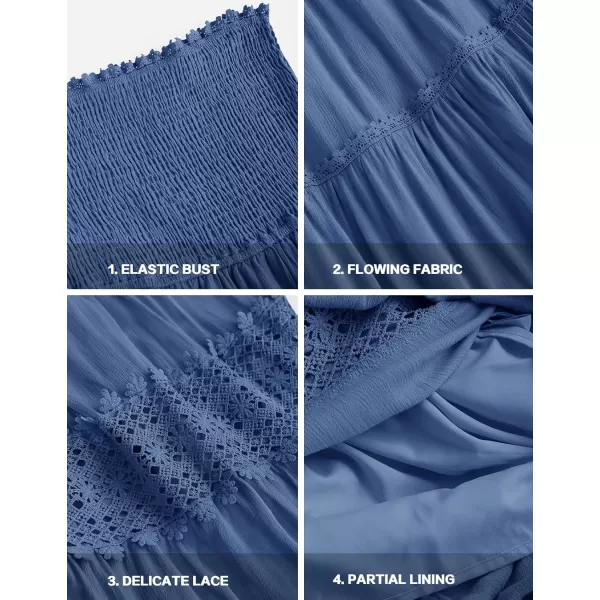imageZESICA Womens 2023 Summer Bohemian Strapless Off Shoulder Lace Trim Backless Flowy A Line Beach Long Maxi DressBlue