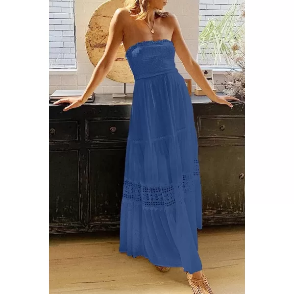 imageZESICA Womens 2023 Summer Bohemian Strapless Off Shoulder Lace Trim Backless Flowy A Line Beach Long Maxi DressBlue
