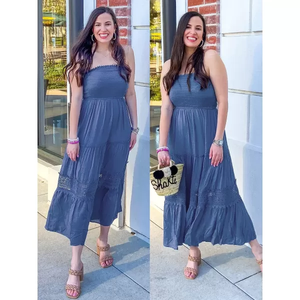 imageZESICA Womens 2023 Summer Bohemian Strapless Off Shoulder Lace Trim Backless Flowy A Line Beach Long Maxi DressBlue