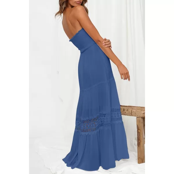 imageZESICA Womens 2023 Summer Bohemian Strapless Off Shoulder Lace Trim Backless Flowy A Line Beach Long Maxi DressBlue