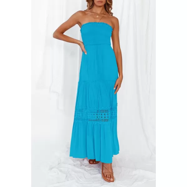 imageZESICA Womens 2023 Summer Bohemian Strapless Off Shoulder Lace Trim Backless Flowy A Line Beach Long Maxi DressCobalt