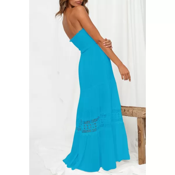 imageZESICA Womens 2023 Summer Bohemian Strapless Off Shoulder Lace Trim Backless Flowy A Line Beach Long Maxi DressCobalt