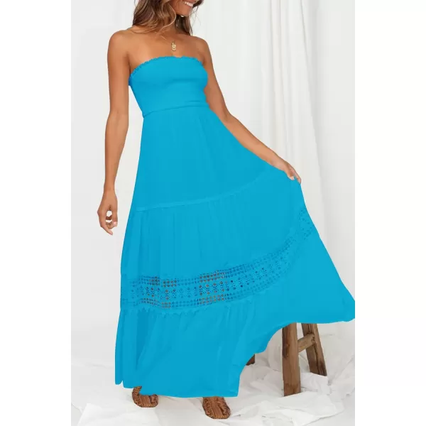 imageZESICA Womens 2023 Summer Bohemian Strapless Off Shoulder Lace Trim Backless Flowy A Line Beach Long Maxi DressCobalt