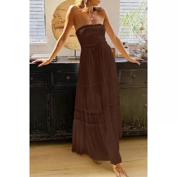 imageZESICA Womens 2023 Summer Bohemian Strapless Off Shoulder Lace Trim Backless Flowy A Line Beach Long Maxi DressCoffee