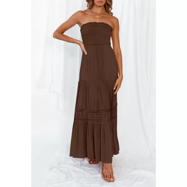 imageZESICA Womens 2023 Summer Bohemian Strapless Off Shoulder Lace Trim Backless Flowy A Line Beach Long Maxi DressCoffee