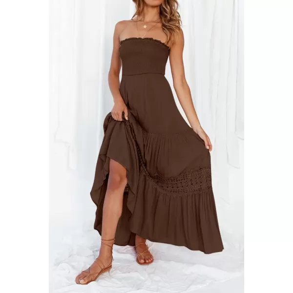 imageZESICA Womens 2023 Summer Bohemian Strapless Off Shoulder Lace Trim Backless Flowy A Line Beach Long Maxi DressCoffee