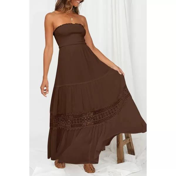imageZESICA Womens 2023 Summer Bohemian Strapless Off Shoulder Lace Trim Backless Flowy A Line Beach Long Maxi DressCoffee
