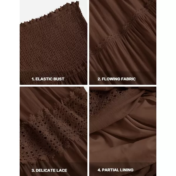 imageZESICA Womens 2023 Summer Bohemian Strapless Off Shoulder Lace Trim Backless Flowy A Line Beach Long Maxi DressCoffee