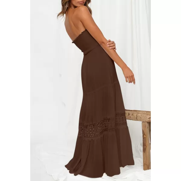 imageZESICA Womens 2023 Summer Bohemian Strapless Off Shoulder Lace Trim Backless Flowy A Line Beach Long Maxi DressCoffee