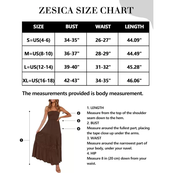 imageZESICA Womens 2023 Summer Bohemian Strapless Off Shoulder Lace Trim Backless Flowy A Line Beach Long Maxi DressCoffee