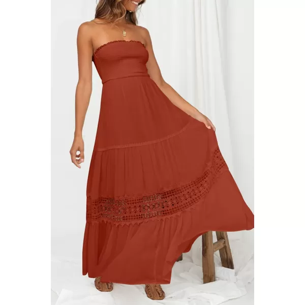 imageZESICA Womens 2023 Summer Bohemian Strapless Off Shoulder Lace Trim Backless Flowy A Line Beach Long Maxi DressDarkorange