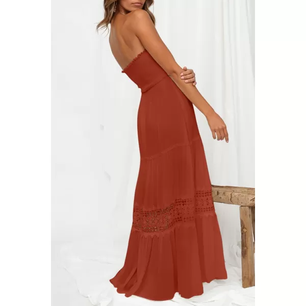 imageZESICA Womens 2023 Summer Bohemian Strapless Off Shoulder Lace Trim Backless Flowy A Line Beach Long Maxi DressDarkorange