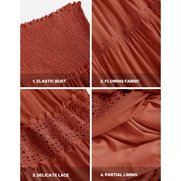 imageZESICA Womens 2023 Summer Bohemian Strapless Off Shoulder Lace Trim Backless Flowy A Line Beach Long Maxi DressDarkorange