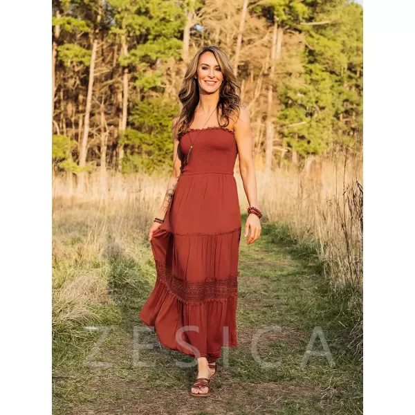 imageZESICA Womens 2023 Summer Bohemian Strapless Off Shoulder Lace Trim Backless Flowy A Line Beach Long Maxi DressDarkorange