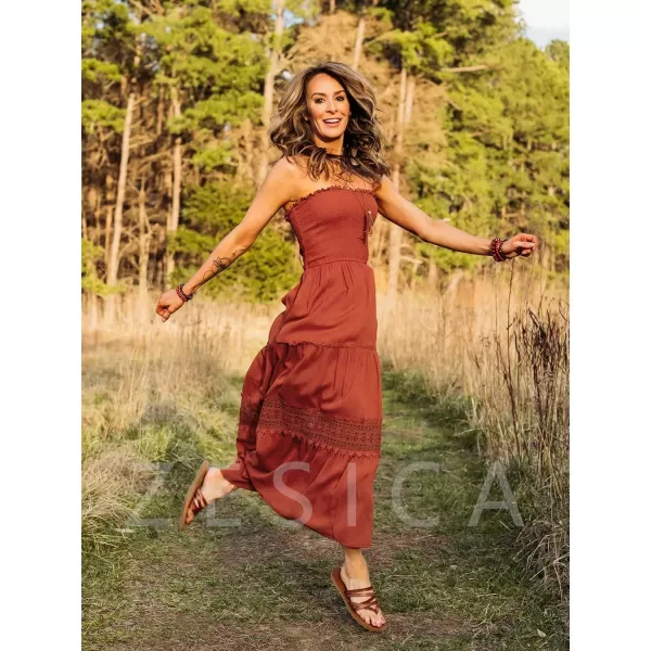 imageZESICA Womens 2023 Summer Bohemian Strapless Off Shoulder Lace Trim Backless Flowy A Line Beach Long Maxi DressDarkorange
