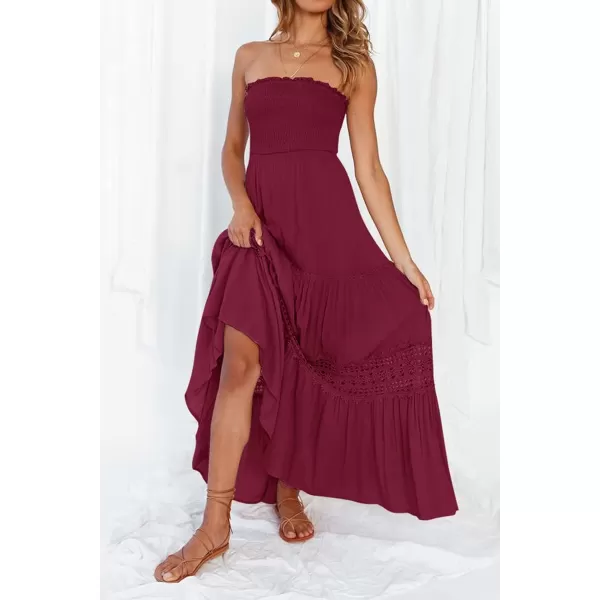 imageZESICA Womens 2023 Summer Bohemian Strapless Off Shoulder Lace Trim Backless Flowy A Line Beach Long Maxi DressFuchsia