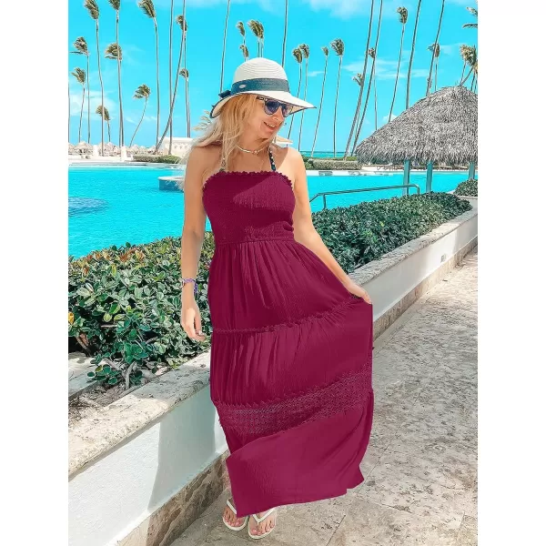 imageZESICA Womens 2023 Summer Bohemian Strapless Off Shoulder Lace Trim Backless Flowy A Line Beach Long Maxi DressFuchsia