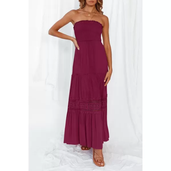 imageZESICA Womens 2023 Summer Bohemian Strapless Off Shoulder Lace Trim Backless Flowy A Line Beach Long Maxi DressFuchsia