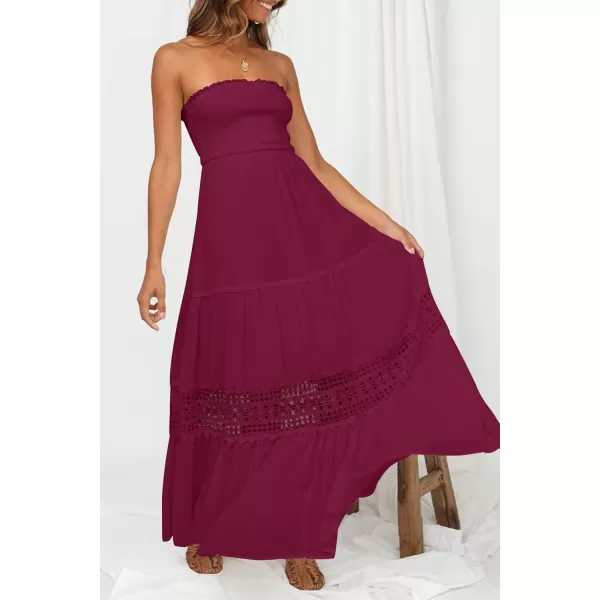 imageZESICA Womens 2023 Summer Bohemian Strapless Off Shoulder Lace Trim Backless Flowy A Line Beach Long Maxi DressFuchsia