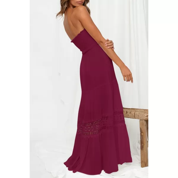 imageZESICA Womens 2023 Summer Bohemian Strapless Off Shoulder Lace Trim Backless Flowy A Line Beach Long Maxi DressFuchsia