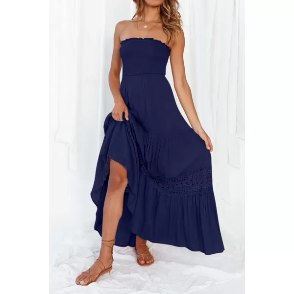 imageZESICA Womens 2023 Summer Bohemian Strapless Off Shoulder Lace Trim Backless Flowy A Line Beach Long Maxi DressNavy