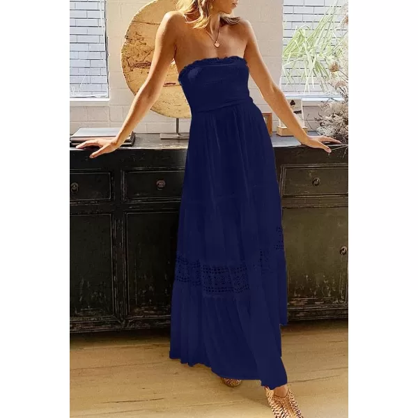 imageZESICA Womens 2023 Summer Bohemian Strapless Off Shoulder Lace Trim Backless Flowy A Line Beach Long Maxi DressNavy